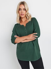 Yours Curve Green 100% Cotton Pintuck Henley Top - Image 1 of 5