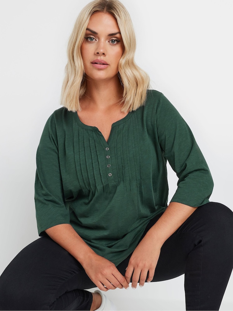 Yours Curve Green 100% Cotton Pintuck Henley Top - Image 4 of 5