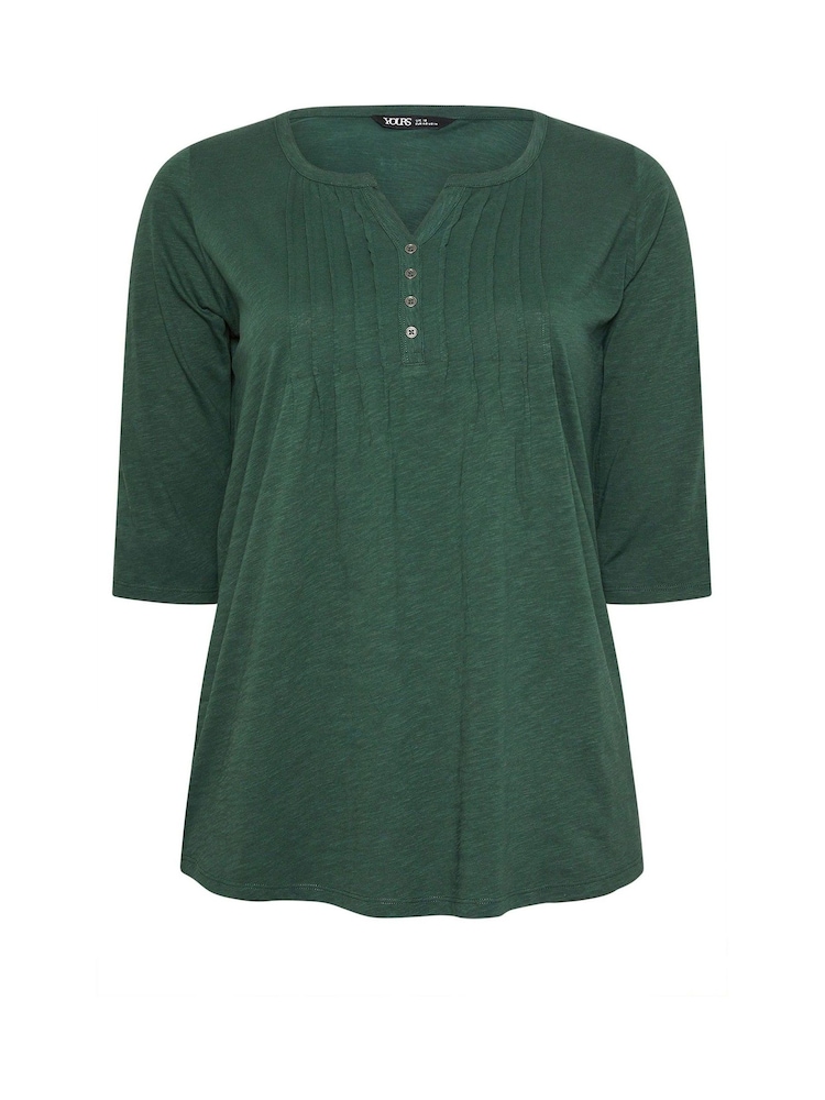 Yours Curve Green 100% Cotton Pintuck Henley Top - Image 5 of 5