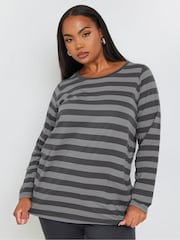 Yours Curve Grey 100% Cotton Long Sleeve Stripe Basic T-Shirt - Image 1 of 5