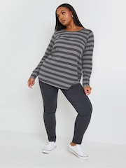 Yours Curve Grey 100% Cotton Long Sleeve Stripe Basic T-Shirt - Image 3 of 5