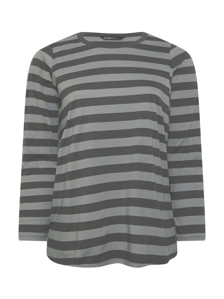 Yours Curve Grey 100% Cotton Long Sleeve Stripe Basic T-Shirt - Image 5 of 5