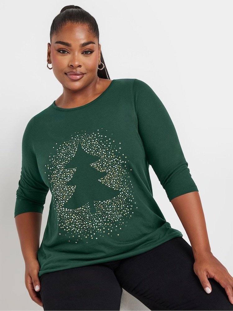 Yours Curve Green Christmas Tree Novelty T-Shirt - Image 1 of 5