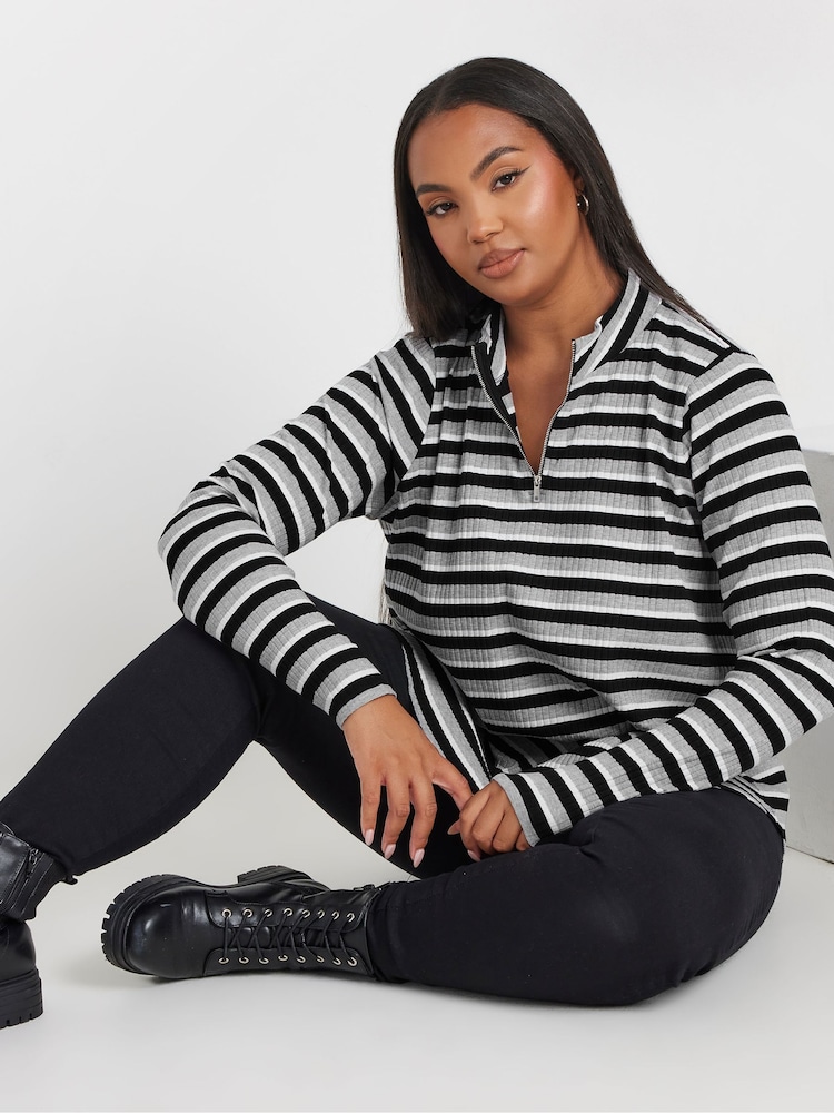 Yours Curve Grey Grey 100% Cotton Quarter Zip Rib Sweatshirt - Image 1 of 6