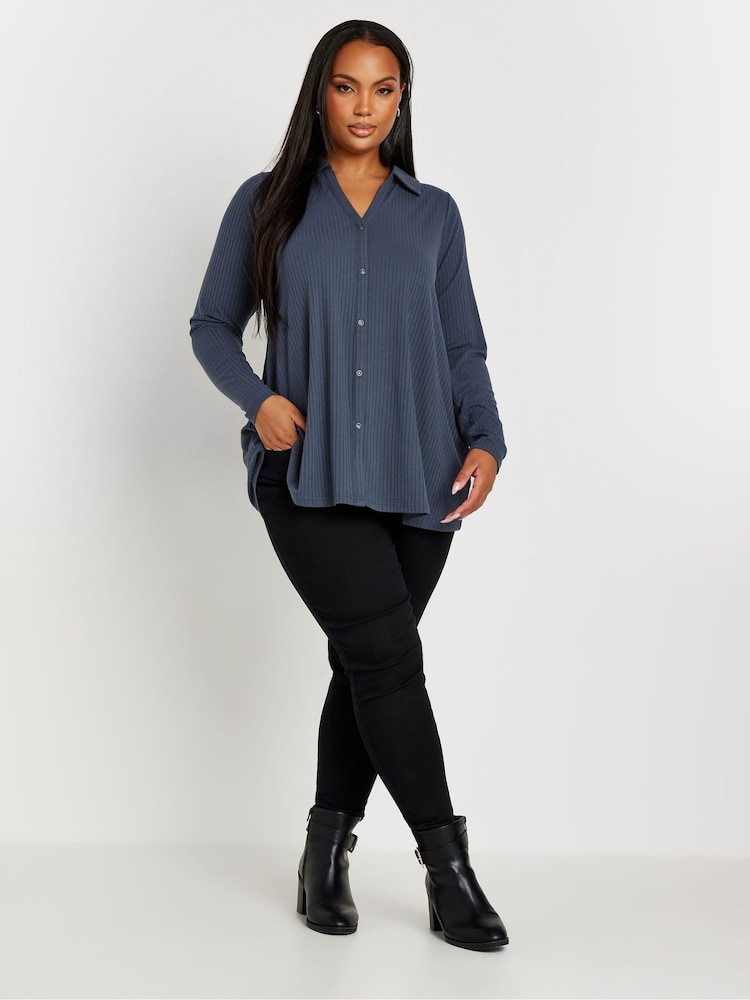 Yours Curve Grey Collar Rib Button Front Top - Image 2 of 5