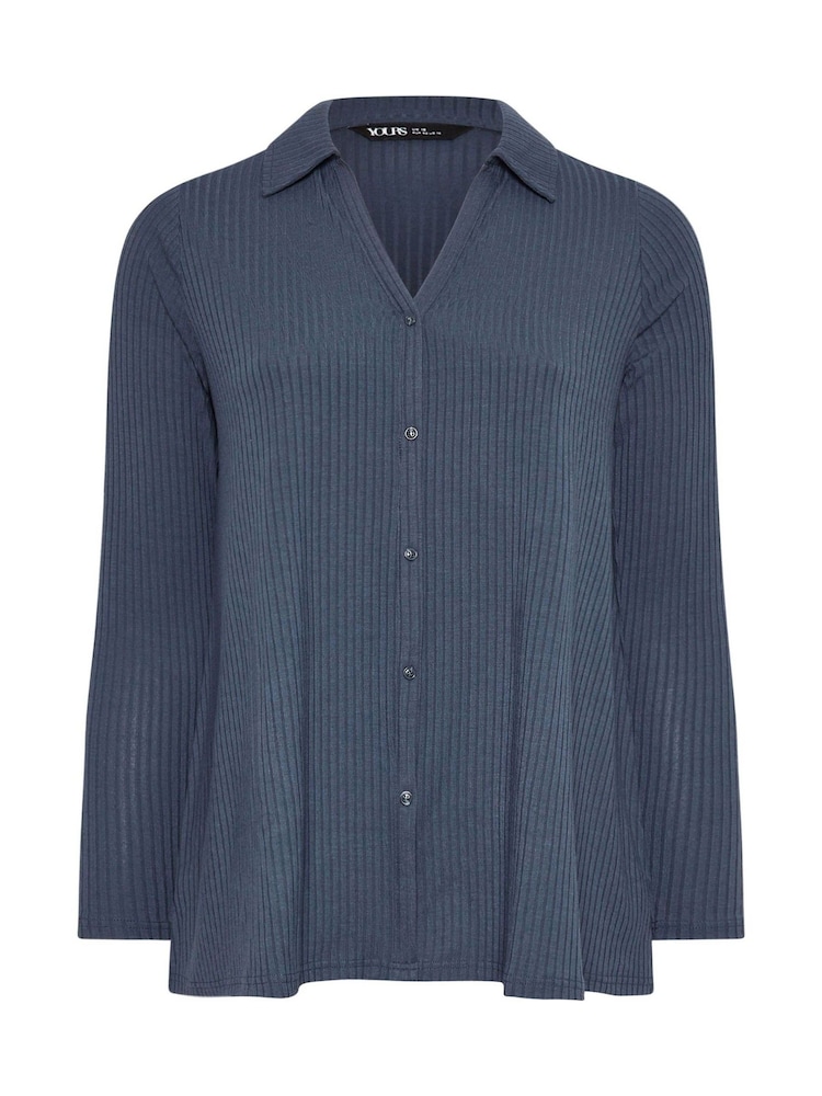 Yours Curve Grey Collar Rib Button Front Top - Image 5 of 5