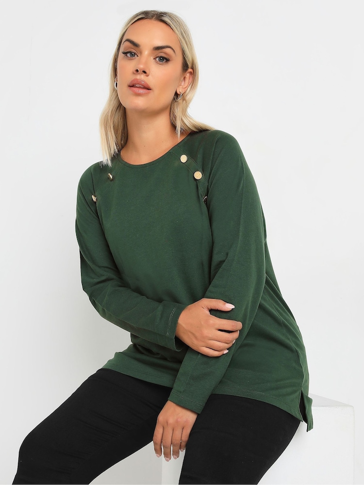 Yours Curve Green 100% Cotton Military Button Long Sleeve T-Shirt - Image 1 of 5