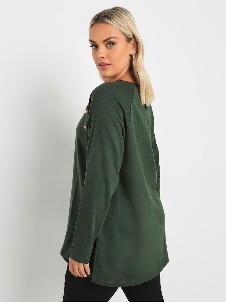 Yours Curve Green 100% Cotton Military Button Long Sleeve T-Shirt - Image 4 of 5