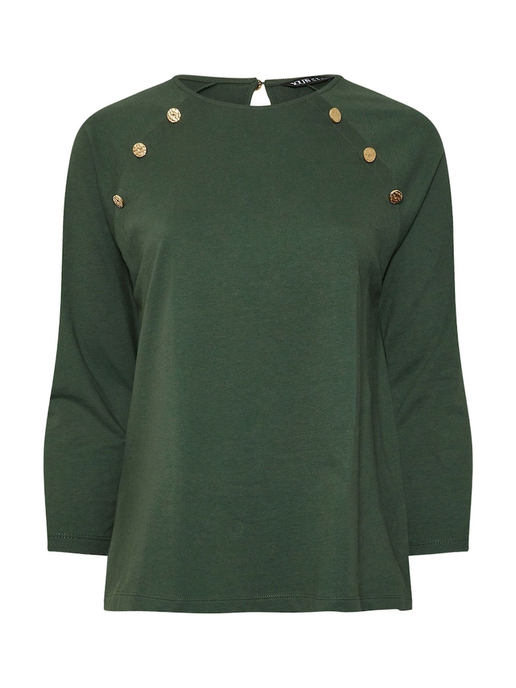 Yours Curve Green 100% Cotton Military Button Long Sleeve T-Shirt - Image 5 of 5