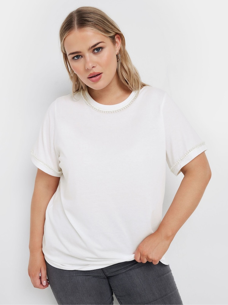 Yours Curve White 100% Cotton Pearl Trim T-Shirt - Image 2 of 6