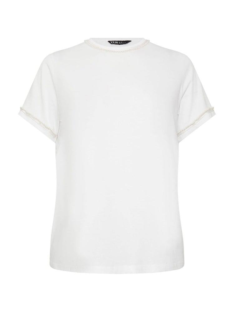 Yours Curve White 100% Cotton Pearl Trim T-Shirt - Image 6 of 6