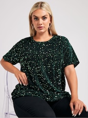 Yours Curve Green London Sequin Velvet T-Shirt - Image 2 of 5