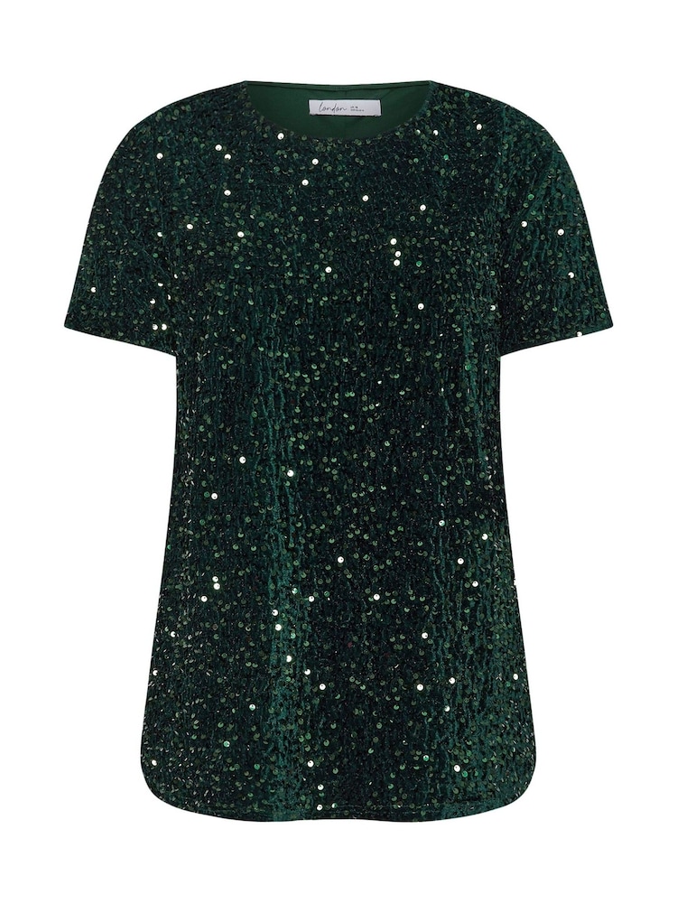 أخضر - تيشِرت مخملي مزيّن بترتر تشكيلة London من Yours Curve - صورة 4 من 4