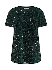 Yours Curve Green London Sequin Velvet T-Shirt - Image 5 of 5