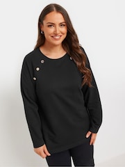 Yours Curve Black 100% Cotton Military Button Long Sleeve T-Shirt - Image 1 of 5