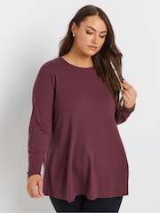 Yours Curve Purple Long Sleeve Rib Swing T-Shirt - Image 1 of 6