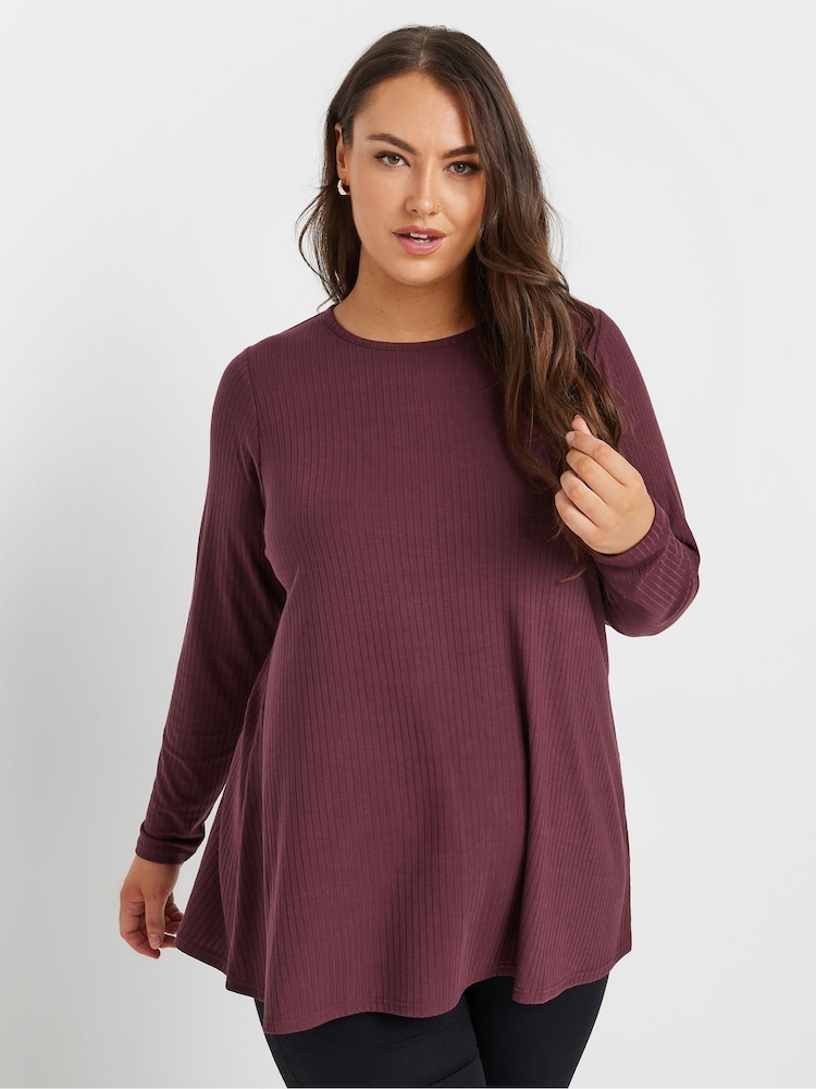 Yours Curve Purple Long Sleeve Rib Swing T-Shirt - Image 2 of 6