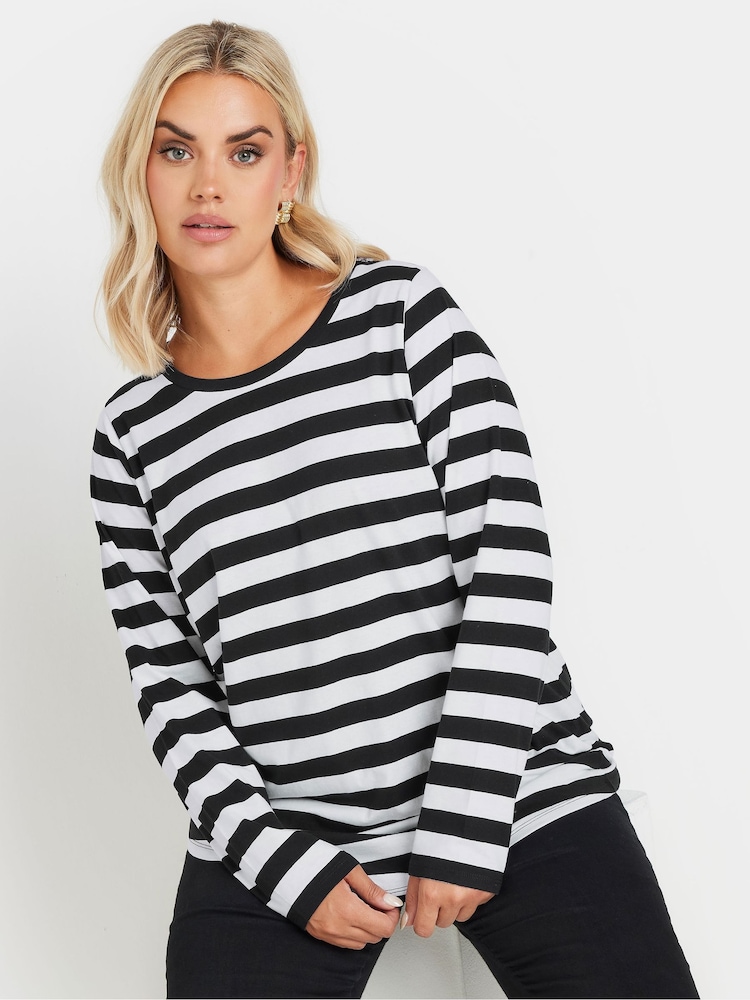 Yours Curve Black 100% Cotton Long Sleeve Stripe Basic T-Shirt - Image 1 of 5