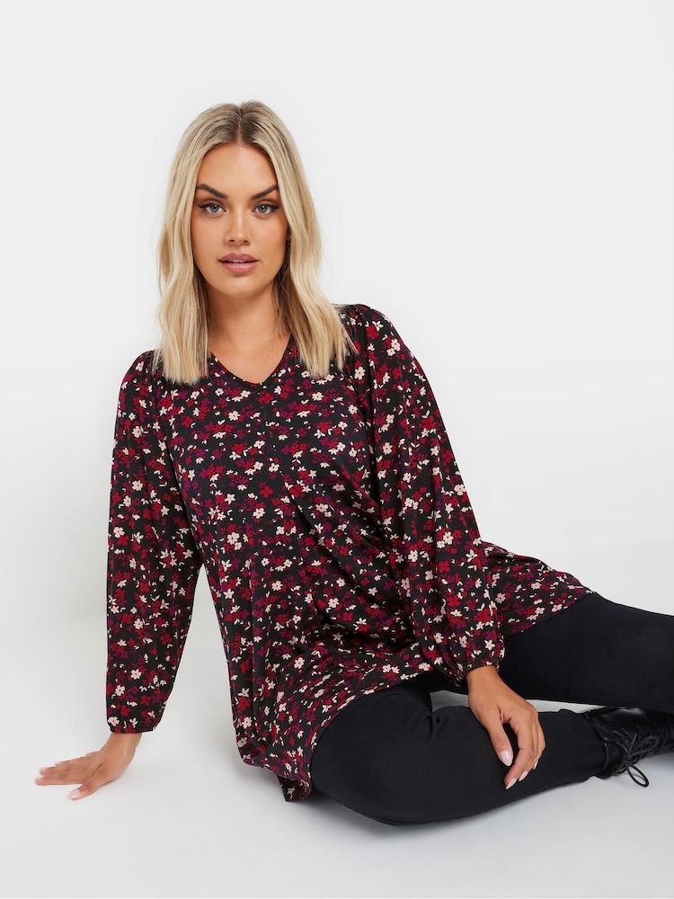 Yours Curve Red Pleated Front Ditsy Top - Image 1 of 5
