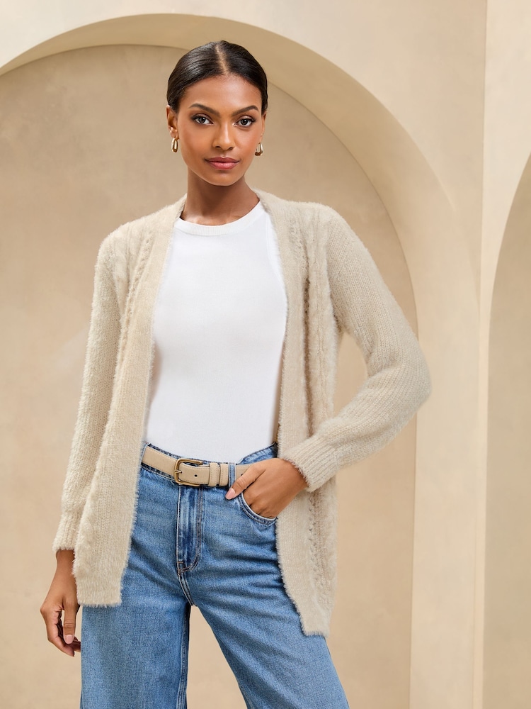 Lipsy Ivory Cosy Knitted Honeycomb Sleeve Longline Cardigan - Image 1 of 4 Lipsy Ivory Cosy Knitted Honeycomb Sleeve Longline Cardigan - Image 1 of 4