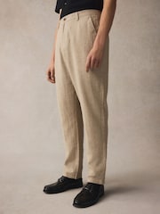 Neutral Elasticated Waist Textured Linen Blend Trousers - Image 1 of 9