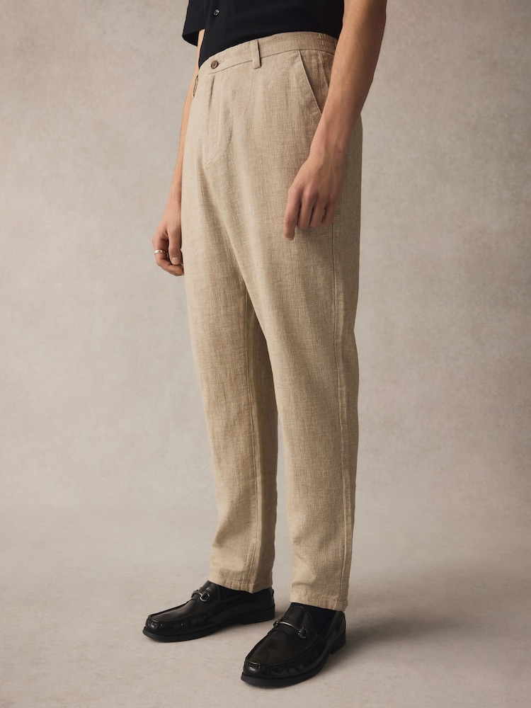 Neutral Elasticated Waist Textured Linen Blend Trousers - Image 1 of 9