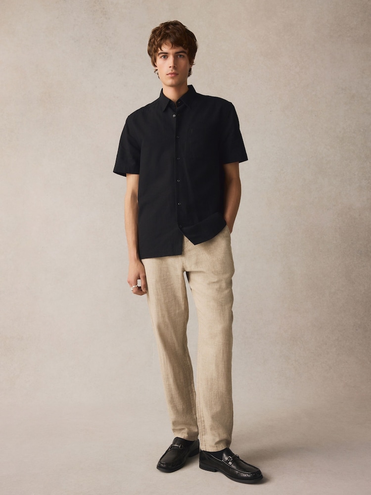 Neutral Elasticated Waist Textured Linen Blend Trousers - Image 2 of 9