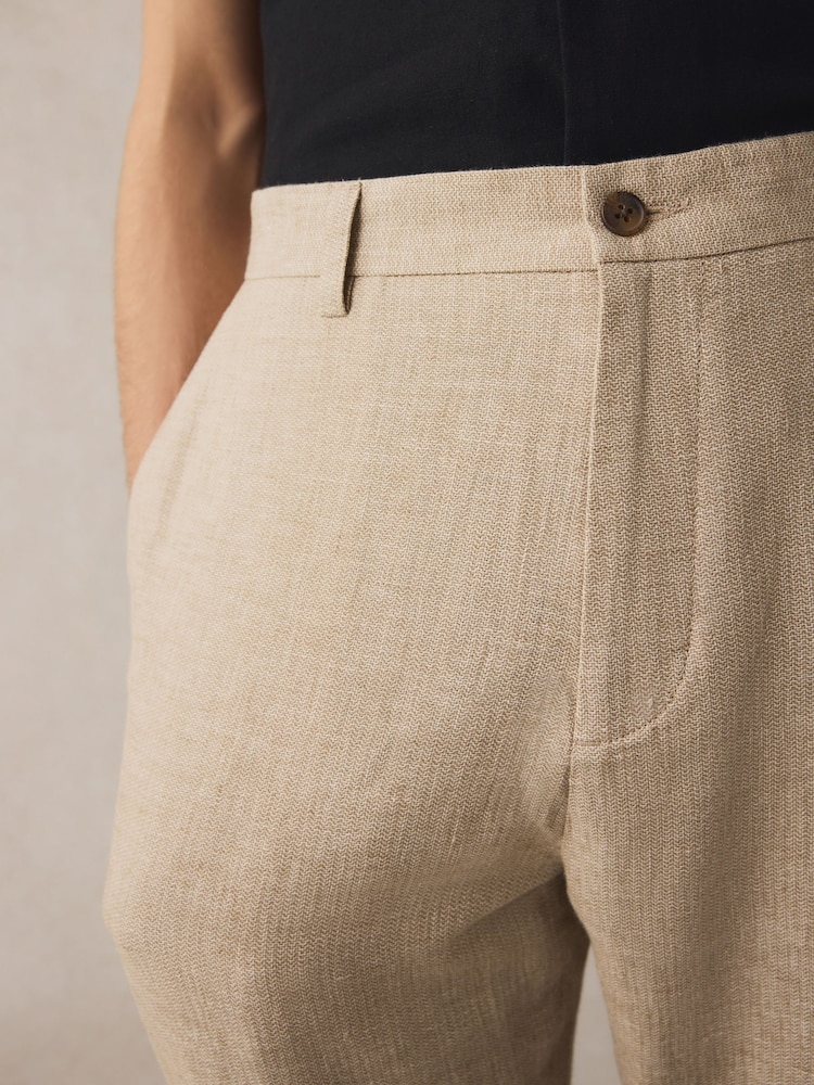Neutral Elasticated Waist Textured Linen Blend Trousers - Image 5 of 9