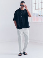 Light Grey Elasticated Waist Textured Linen Blend Trousers - Image 2 of 10