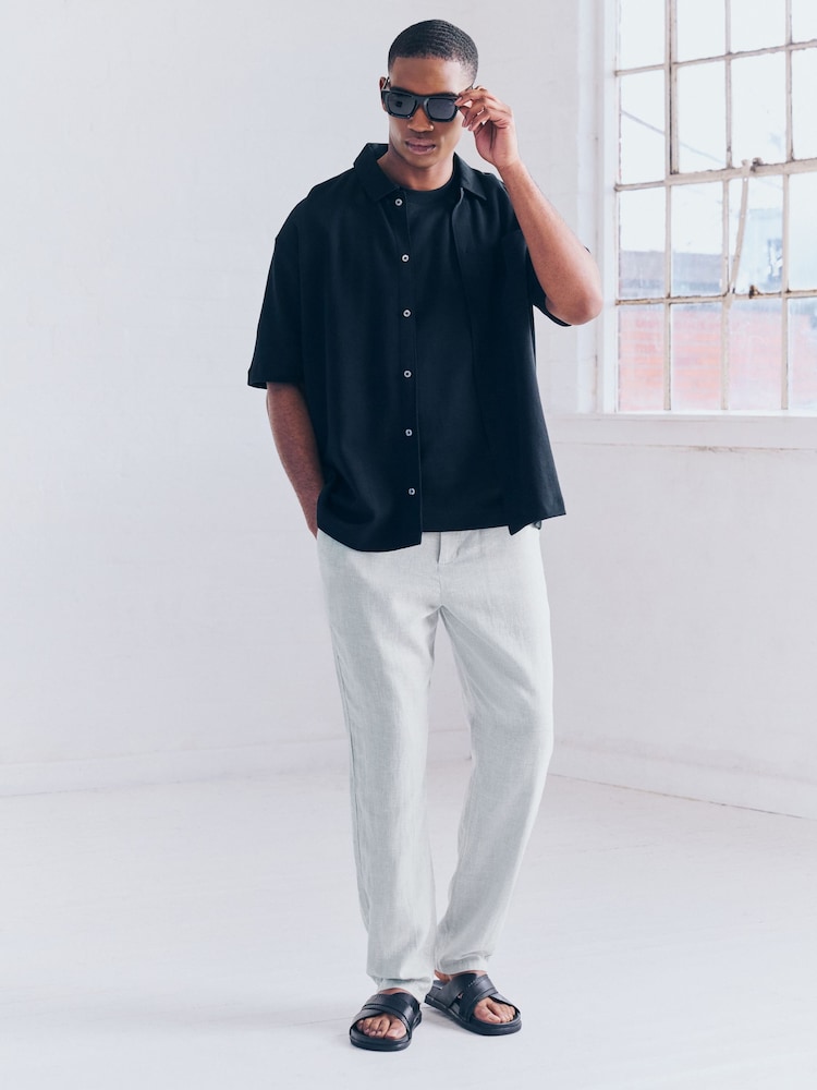 Light Grey Elasticated Waist Textured Linen Blend Trousers - Image 2 of 10