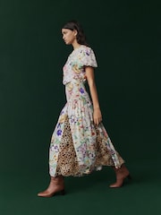 Pink Floral and Brown Leopard Print Short Sleeve Crew Neck Spliced Midi Dress - Image 1 of 10