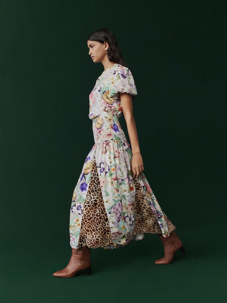 Pink Floral and Brown Leopard Print Short Sleeve Crew Neck Spliced Midi Dress - Image 1 of 10