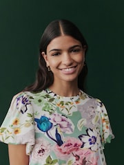 Pink Floral and Brown Leopard Print Short Sleeve Crew Neck Spliced Midi Dress - Image 2 of 10