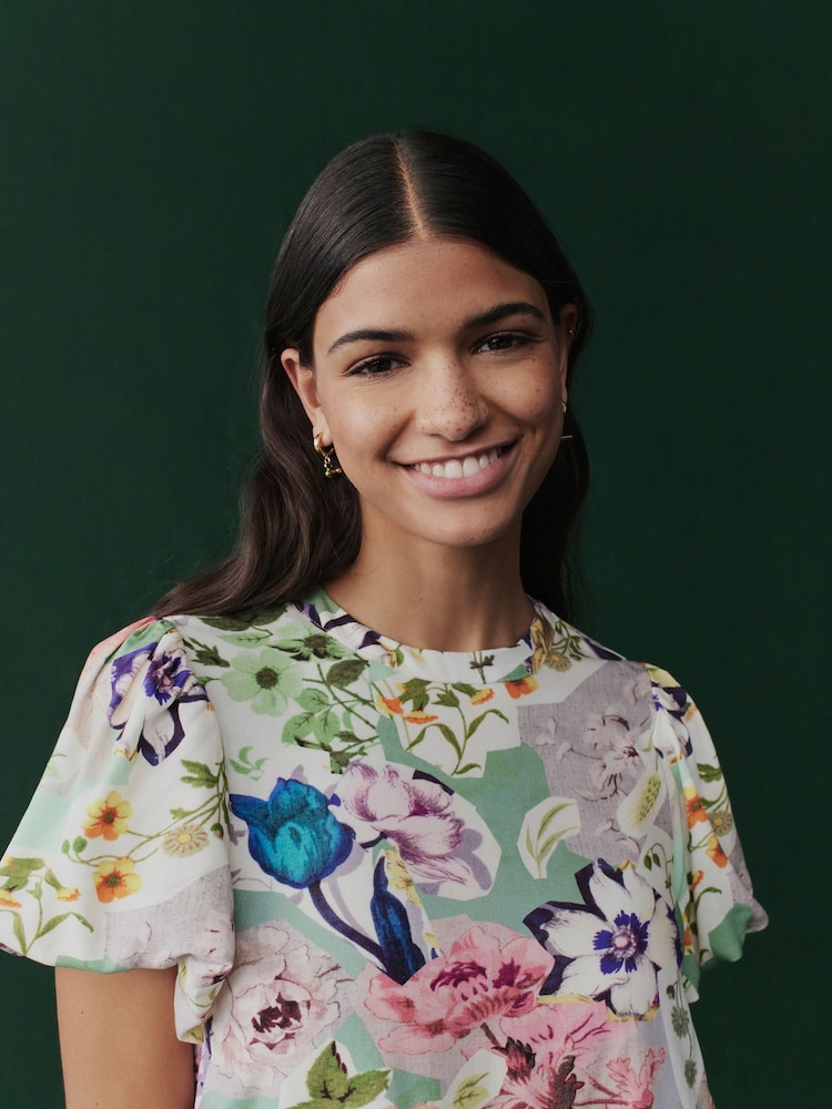 Pink Floral and Brown Leopard Print Short Sleeve Crew Neck Spliced Midi Dress - Image 2 of 10