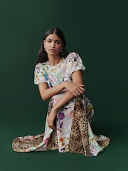 Pink Floral and Brown Leopard Print Short Sleeve Crew Neck Spliced Midi Dress - Image 3 of 10
