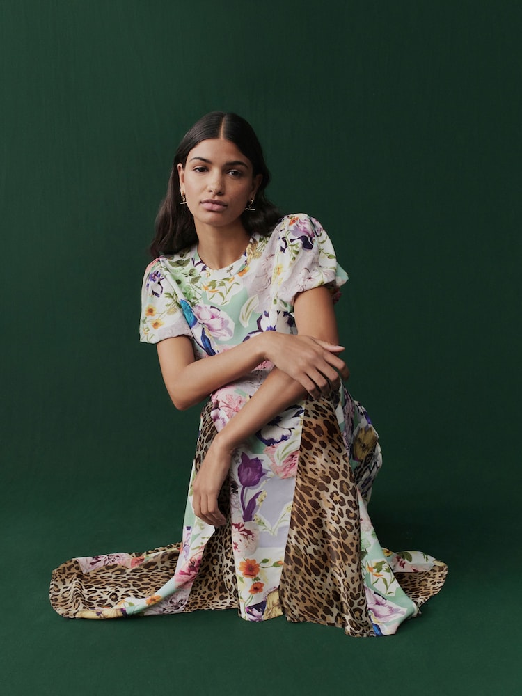 Pink Floral and Brown Leopard Print Short Sleeve Crew Neck Spliced Midi Dress - Image 3 of 10
