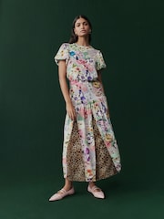 Pink Floral and Brown Leopard Print Short Sleeve Crew Neck Spliced Midi Dress - Image 4 of 10