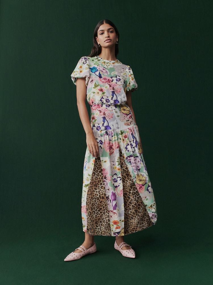 Pink Floral and Brown Leopard Print Short Sleeve Crew Neck Spliced Midi Dress - Image 4 of 10