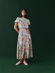 Pink Floral and Brown Leopard Print Short Sleeve Crew Neck Spliced Midi Dress - Image 5 of 10