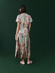 Pink Floral and Brown Leopard Print Short Sleeve Crew Neck Spliced Midi Dress - Image 6 of 10
