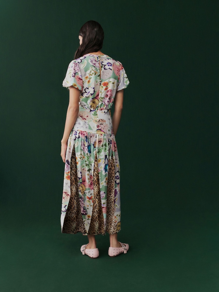 Pink Floral and Brown Leopard Print Short Sleeve Crew Neck Spliced Midi Dress - Image 6 of 10
