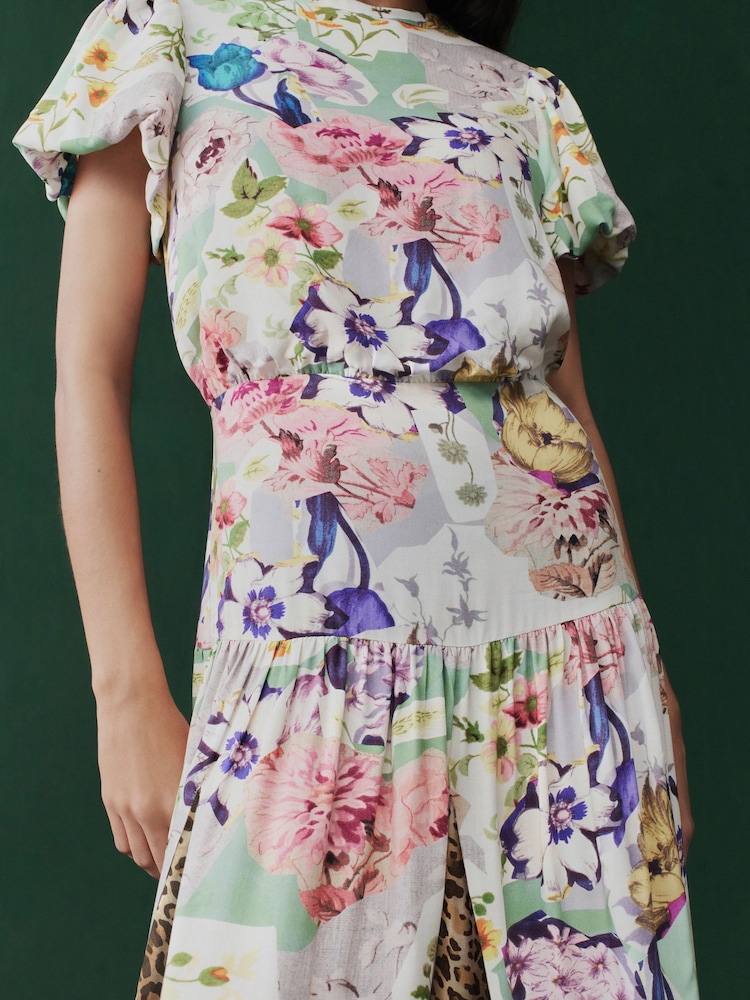 Pink Floral and Brown Leopard Print Short Sleeve Crew Neck Spliced Midi Dress - Image 7 of 10