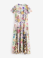 Pink Floral and Brown Leopard Print Short Sleeve Crew Neck Spliced Midi Dress - Image 8 of 10