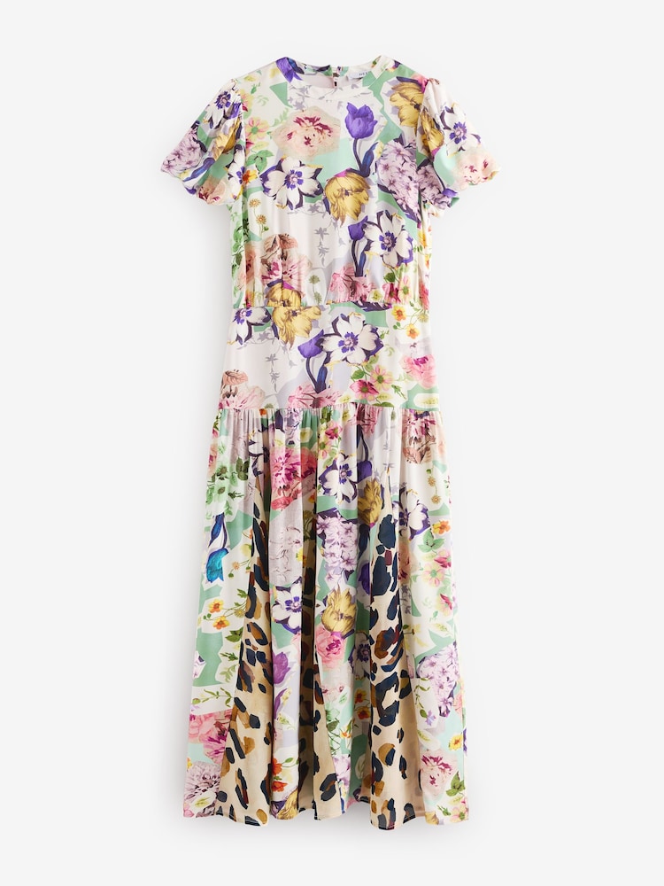 Pink Floral and Brown Leopard Print Short Sleeve Crew Neck Spliced Midi Dress - Image 8 of 10