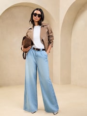 Lipsy Neutral Faux Leather Adjustable Waist Short Trench Coat - Image 2 of 4