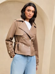 Lipsy Neutral Faux Leather Adjustable Waist Short Trench Coat - Image 3 of 4