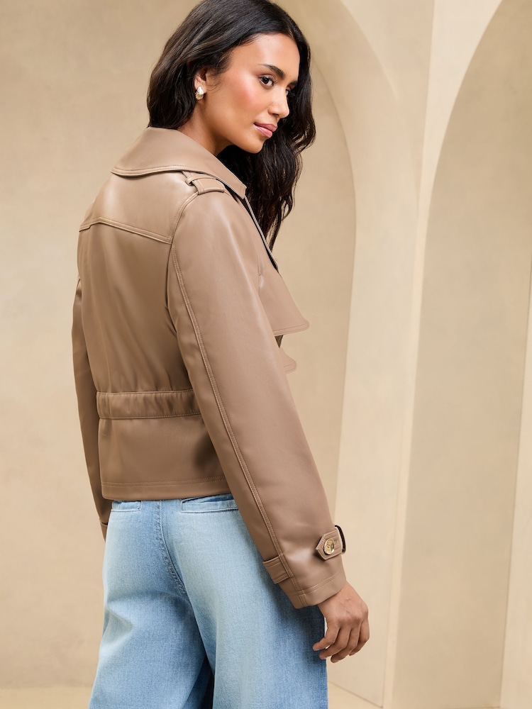 Lipsy Neutral Faux Leather Adjustable Waist Short Trench Coat - Image 4 of 4