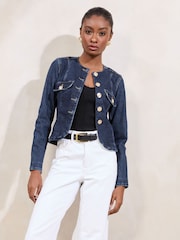 Lipsy Indigo Denim Collarless Jacket With a Touch of Linen - Image 1 of 4