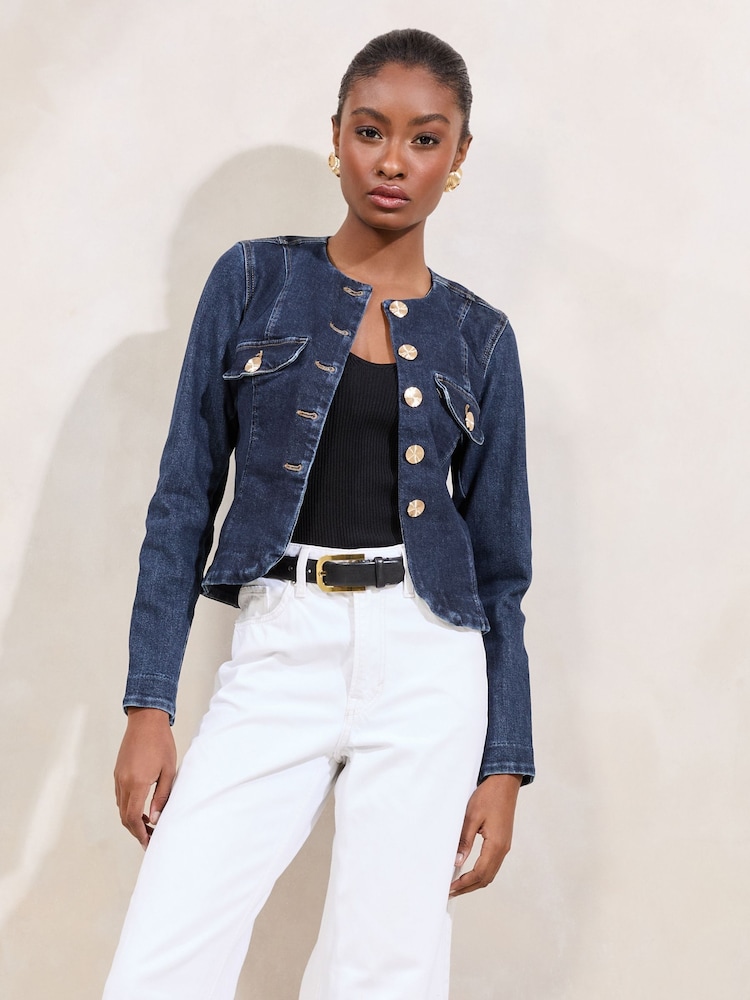 Lipsy Indigo Denim Collarless Jacket With a Touch of Linen - Image 1 of 4