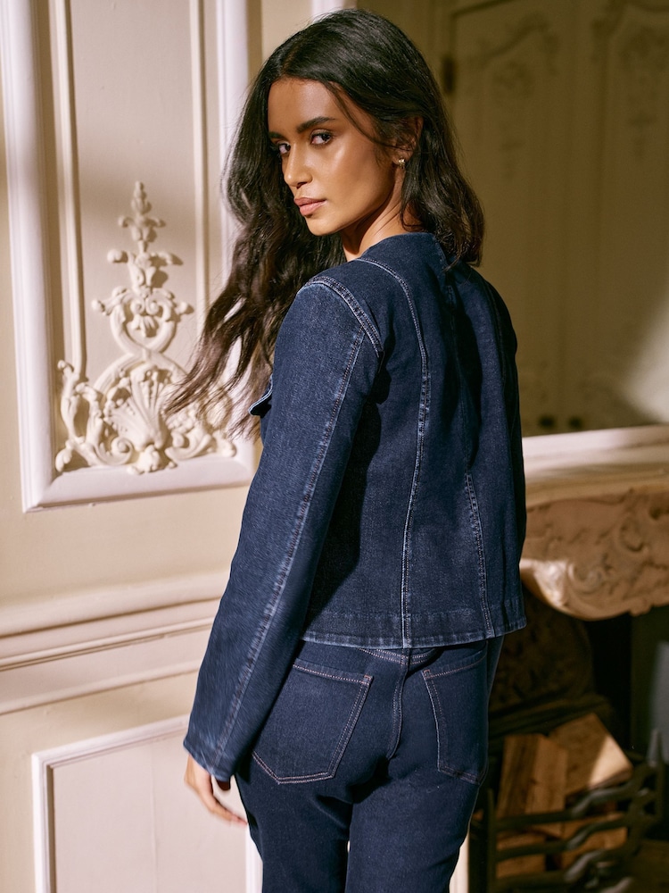 Lipsy Indigo Denim Collarless Jacket With a Touch of Linen - Image 4 of 4
